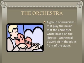 THE ORCHESTRA
A group of musicians
that play the music
that the composer
wrote based on the
libretto. Orchestral
players sit in the pit in
front of the stage.
 