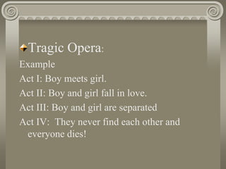 Tragic Opera:
Example
Act I: Boy meets girl.
Act II: Boy and girl fall in love.
Act III: Boy and girl are separated
Act IV: They never find each other and
everyone dies!
 