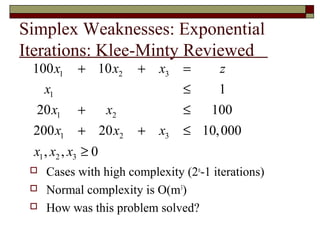 Simplex Weaknesses: Exponential
Iterations: Klee-Minty Reviewed
 100 x1    + 10 x2     +   x3   =    z
   x1                           ≤    1
  20 x1    +  x2                ≤  100
 200 x1    + 20 x2     +   x3   ≤ 10, 000
 x1 , x2 , x3 ≥ 0
    Cases with high complexity (2n-1 iterations)
    Normal complexity is O(m3)
    How was this problem solved?
 