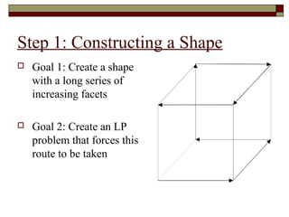 Step 1: Constructing a Shape
   Goal 1: Create a shape
    with a long series of
    increasing facets

   Goal 2: Create an LP
    problem that forces this
    route to be taken
 