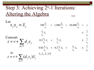 Step 3: Achieving 2n-1 Iterations:
Altering the Algebra
Let
   sjxj = xj                 100
                                   x1
                                   s1
                                           + 1, 000
                                                      x2
                                                      s2
                                                           + 10, 000
                                                                        x3
                                                                        s3
                                                                             =   z

                               s1                                                1
                                  x1                                         ≤
                               s4                                                s4
Convert                        s1               s2                               1
 z = v + ∑ d jxj            0.2 x1
                               s5
                                           +
                                                s5
                                                   x2                        ≤
                                                                                 s5
           j∈N                     s1              s2           s3               1
                            0.02      x1   + 0.2      x2   +       x3        ≤
                                   s6              s6           s6               s6
   to                       x1 , x2 , x3 ≥ 0
 z = v + ∑ (d j s j ) x j
          j∈N
 