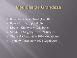    Bit – Um sinal elétrico (1 ou 0)
   Byte – formado por 8 bits
   Kbyte – Kilobyte = 1024 bytes
   Mbyte  Megabyte = 1024 Kbytes
   Gbyte  Gigabyte = 1024 Megabytes
   Tbyte  Terabyte = 1024 Gigabytes
 