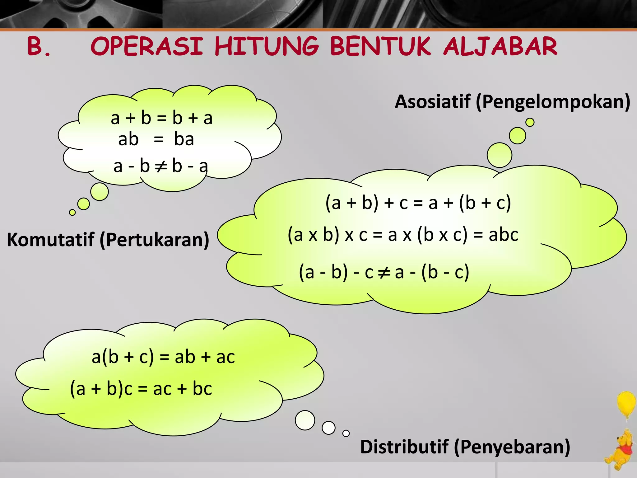 B. OPERASI HITUNG BENTUK ALJABAR
a + b = b + a
ab = ba
a - b  b - a
Komutatif (Pertukaran)
Asosiatif (Pengelompokan)
(a + b) + c = a + (b + c)
(a x b) x c = a x (b x c) = abc
(a - b) - c  a - (b - c)
Distributif (Penyebaran)
a(b + c) = ab + ac
(a + b)c = ac + bc
 