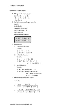Matematika SMP
Website:kristantodhj.blogspot.com
OPERASIBENTUK ALJABAR
A. Mengumpulkansukusejenis
3a + 4b + 3c – a + b – 2c
=3a – a + 4b + b + 3c – 2c
= 2a + 5b + c
B. Perkaliansukuduadengansukudua
Cara 1 :
(a+b) (2a-3b)
=a(2a-3b) + b (2a-3b)
=2a2
– 3ab + 2ab – 3b2
=2a2
– ab – 3b2
C. Pengkuadratansuku dua
D. Pemfaktoran
1. Faktor persekutuan
Contoh:
a) x2
– 9x = x ( x – 9 )
b) 6x2
+ 9xy = 3x ( 2x + 3y )
2. Selisihduakuadrat
Contoh:
a) x2
– 9 = ( x + 3 ) ( x – 3 )
b) 16x4
– 81 = ( 4x2
+ 9 ) ( 4x2
– 9 )
= ( 4x2
+ 9 ) ( 2x + 3 ) ( 2x – 3 )
3. Bentukkuadrat
Contoh:
a) x2
– 9x + 18 = ( x – 3 ) ( x – 6 )
b) 6x2
– x – 12 = 6x2
+ 8x – 9x – 12
= 2x ( 3x + 4 ) – 3 ( 3x + 4 )
= ( 2x – 3 ) ( 3x + 4 )
E. Penyederhanaanbentukaljabar
Contoh:
1.
   2
3 6 3( 2) 3
4 ( 2) 2 2
a a
a a a a
 
 
   
2.
  
2
2
4 ( 2)( 2) 2
2 8 2 4 4
x x x x
x x x x x
   
 
    
(a + b )2
= a2
+ 2ab + b2
(a – b )2
= a2
- 2ab + b2
 