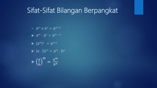 Sifat-Sifat Bilangan Berpangkat
 am x an = am+n
 am : an = am – n
 (am)n = am.n
 (a . b)m = am . bn

𝑎
𝑏
𝑚
=
𝑎 𝑚
𝑏 𝑛
 