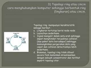 Topologi ring mempunyai karakteristik
sebagai berikut :
a. Lingkaran tertutup berisi node-node
b. Layoutnya sederhana
c. Signal mengalir dalam satu arah sehingga
dapat menghindari terjadinya collision
(dua paket data bercampur) sehingga
memungkinkan pergerakan data yang
cepat dan collision detectionnya lebih
sederhana.
d. Biasanya, topologi ring tidak dibuat
secara fisik melainkan direalisasikan
dengan sebuah consentrator dan terlihat
seperti topologi star.
 