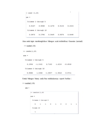 Atau anda ingin membangkitkan bilangan acak terdistribusi Gaussian (normal)
>> randn(1,10)
Untuk bilangan binary anda bisa melakukannya seperti berikut :
>> randint(1,10)
ans =
 