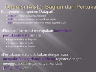 Komponen-komponen Datapath:
     Register: tempat penyimpanan data
     ALU: tempat pemrosesan aritmatika & logika
     Bus: penghubung antar-register & antara register-ALU


Eksekusi Instruksi merupakan kombinasi
 pertukaran data antara:
   Register     Bus   Register
   Register     Bus   ALU
   Register     Bus   Memori


Pertukaran   data dilakukan dengan cara
 mengaktifkan gerbang-gerbang register dengan
 menggunakan sinyal-sinyal kendali
 (PCout, PCin, dst.)
 