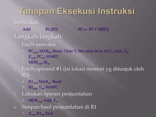 Instruksi:
     Add            R1,(R3)         ; R1   R1 + M[R3]

Langkah-langkah:
1.   Fetch instruksi
     1. PCout, MARin, Read, Clear Y, Set carry-in to ALU, Add, Zin
     2. Zout, PCin, WMFC
     3. MDRout, IRin

2.   Fetch operand #1 (isi lokasi memori yg ditunjuk oleh
     R3)
     4. R3out, MARin, Read
     5. R1out, Yin, WMFC

3.   Lakukan operasi penjumlahan
     6.   MDRout, Add, Zin
4.   Simpan hasil penjumlahan di R1
     7.   Zout, R1in, End
 