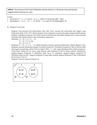 [6] Kelompok 2
Contoh :
1. Ditentukan P = {1, 2, 3} dan Q = {a, b, c}. Maka P ∞ Q, karena n(P) = n(Q)
2. Ditentukan A = { x |x2
– 2x + 1 = 0} dan B = {-1} maka A ∞ B, tetapi juga A = B
 Diagram Venn Euler
Diagram Venn pertama kali diketemukan oleh John Venn, seorang ahli matematika dari Inggris yang
hidup pada tahun 1834–1923. Dalam diagram Venn, himpunan semesta dinyatakan dengan daerah persegi
panjang, sedangkan himpunan lain dalam semesta pembicaraan dinyatakan dengan kurva mulus tertutup
sederhana dan noktah-noktah untuk menyatakan anggotanya.
Diketahui : S = {0, 1, 2, 3, 4, ..., 9};
P = {0, 1, 2, 3}; dan
Q = {4, 5, 6, 7}
Himpunan S = {0, 1, 2, 3, 4, ..., 9} adalah himpunan semesta (semesta pembicaraan). Dalam diagram Venn,
himpunan semesta dinotasikan dengan S berada di pojok kiri. Perhatikan himpunan P dan Q. Karena tidak
ada anggota persekutuan antara P dan Q, maka P Q = { }. Jadi, dapat dikatakan bahwa kedua himpunan
saling lepas. Dalam hal ini, kurva yang dibatasi oleh himpunan P dan Q saling terpisah. Selanjutnya,
anggota-anggota himpunan P diletakkan pada kurva P, sedangkan anggota-anggota himpunan Q
diletakkan pada kurvaQ. Anggota himpunan S yang tidak menjadi anggota himpunan P dan Q diletakkan
di luar kurva P dan Q.
Diagram Venn-nya seperti di bawah ini
Definisi : Dua himpunan finit A dan B dikatakan ekivalen (ditulis A ∞ B) jika dan hanya jika banyak
anggota kedua himpunan itu sama.
S P Q
●8 ●9
●0 ●2
●1 ●3
●4 ●5
●6 ●7
 