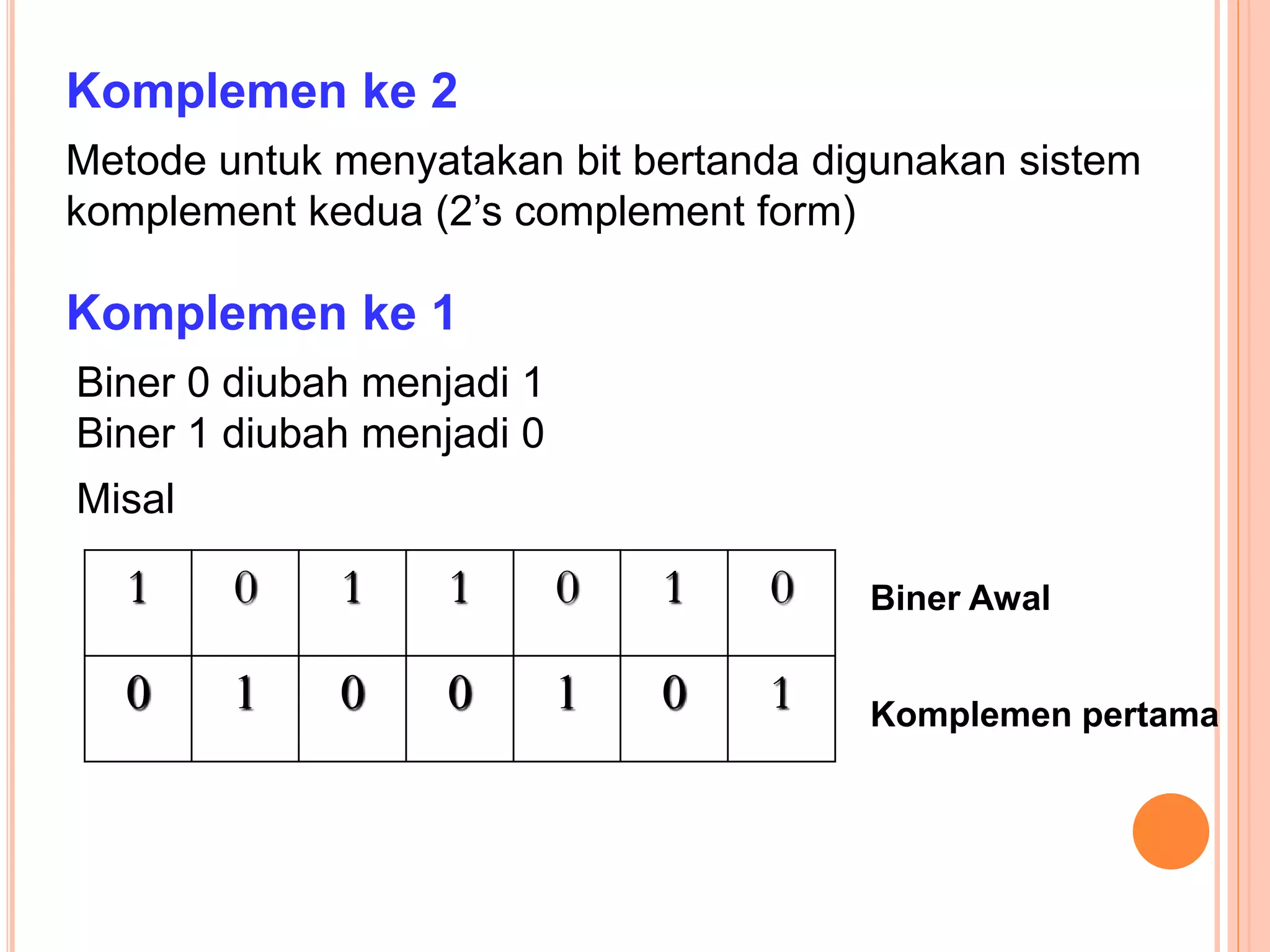 Metode untuk menyatakan bit bertanda digunakan sistem
komplement kedua (2’s complement form)
Komplemen ke 2
Komplemen ke 1
Biner 0 diubah menjadi 1
Biner 1 diubah menjadi 0
1 0 1 1 0 1 0
0 1 0 0 1 0 1
Misal
Biner Awal
Komplemen pertama
 