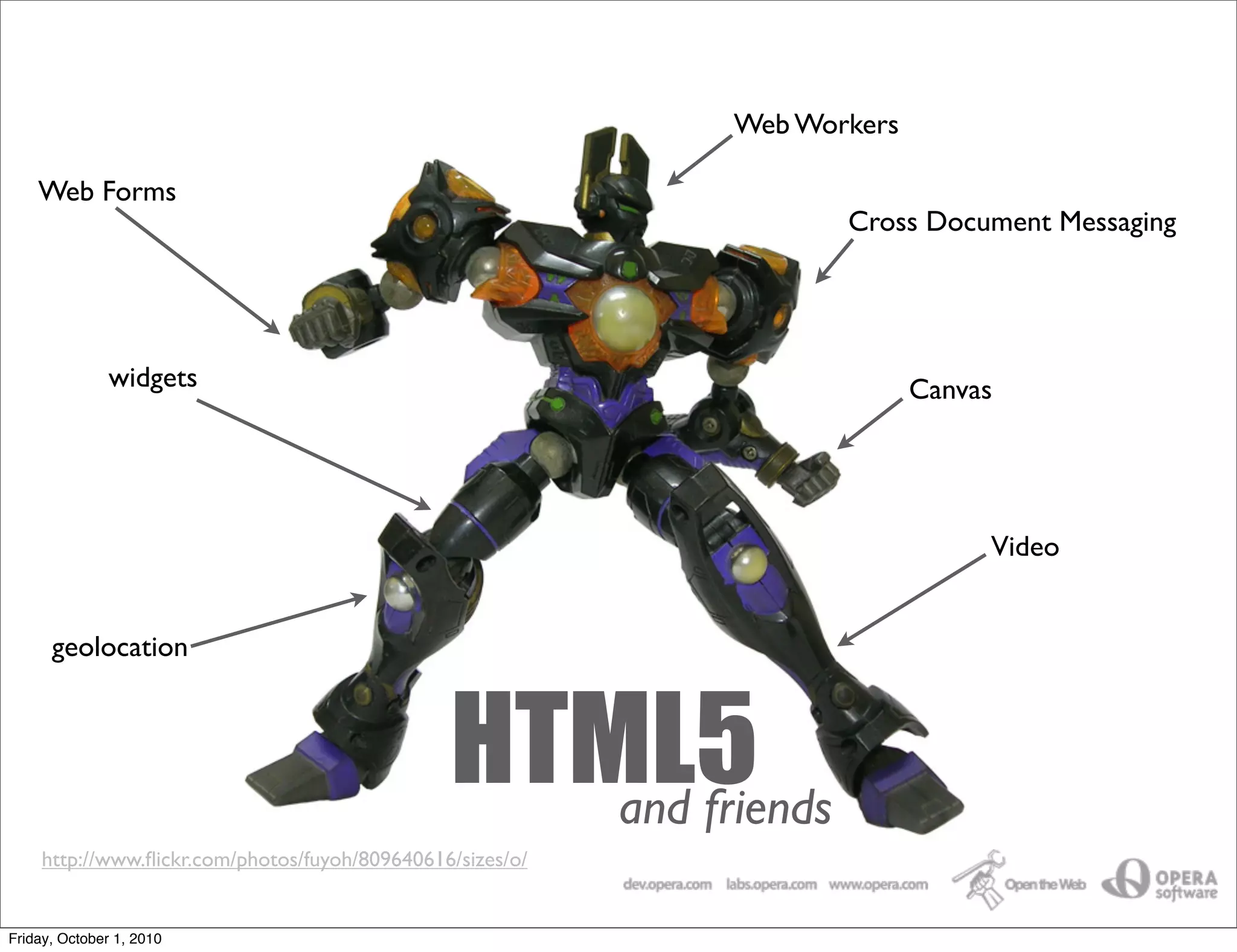 Web Workers

    Web Forms
                                                                         Cross Document Messaging




                                        HTML5
               widgets                                                          Canvas

                                                           Text
                                                                                     Video


      geolocation



                                               HTML5
                                                  and friends
    http://www.ﬂickr.com/photos/fuyoh/809640616/sizes/o/


Friday, October 1, 2010
 