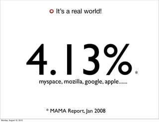 It’s a real world!




                          4.13%
                          myspace, mozilla, google, apple......
                                                                  *




                             * MAMA Report, Jan 2008
Monday, August 16, 2010
 