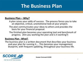 The Business Plan <ul><li>Business Plan – Why? </li></ul><ul><ul><li>A plan raises your odds of success.  The process forc...