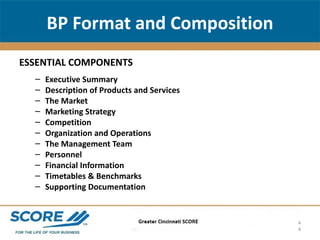 BP Format and Composition <ul><li>ESSENTIAL COMPONENTS </li></ul><ul><ul><li>Executive Summary </li></ul></ul><ul><ul><li>...