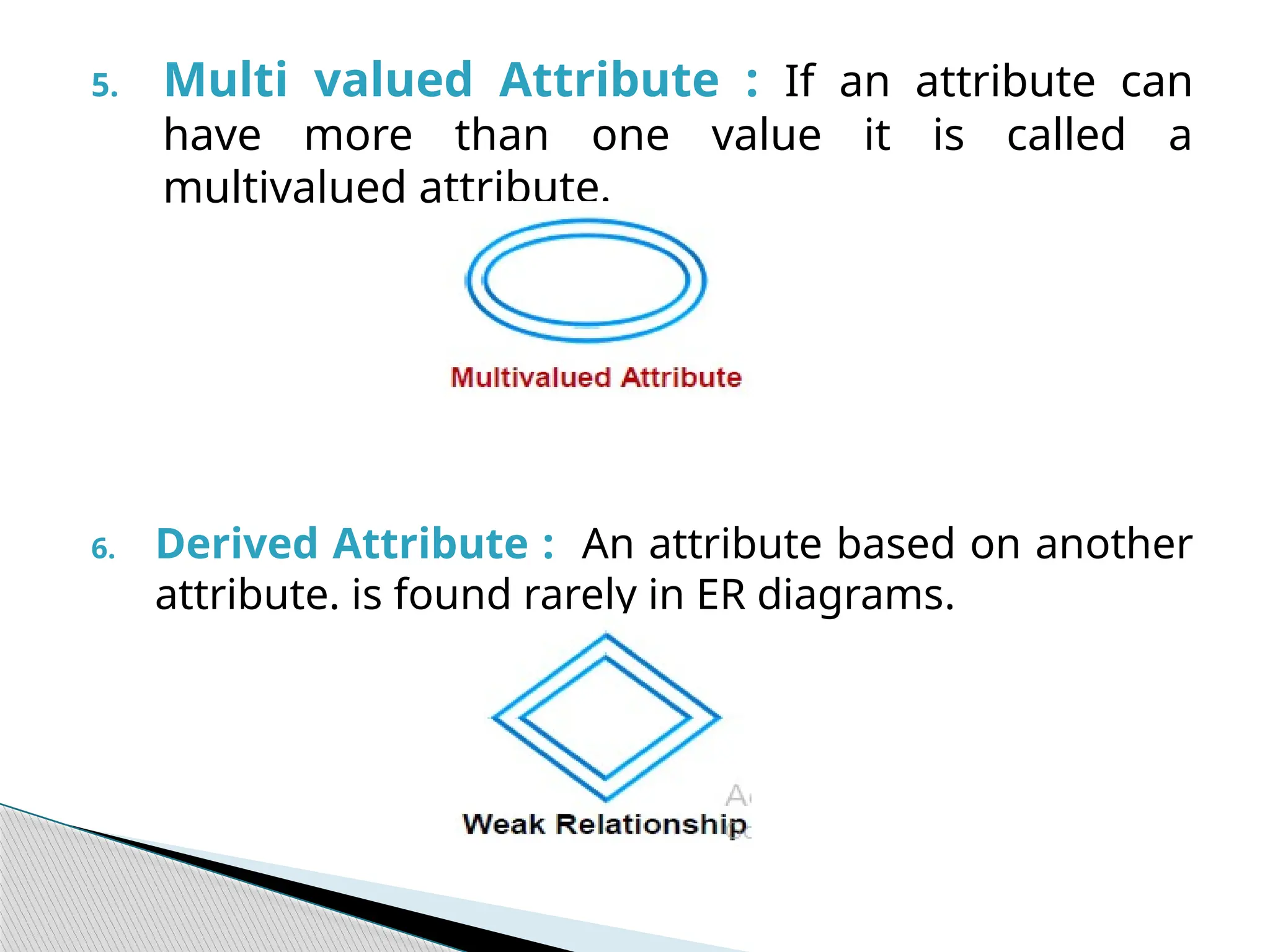 5. Multi valued Attribute : If an attribute can
have more than one value it is called a
multivalued attribute.
6. Derived Attribute : An attribute based on another
attribute. is found rarely in ER diagrams.
 