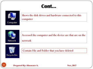 Prepared By:Abenezer A. Nov, 201746
Shows the disk drives and hardware connected to this
computer
Accessed the computer and the device are that are on the
network
Contain File and Folder that you have deleted
Cont…
 