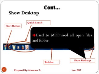 Prepared By:Abenezer A. Nov, 201752
C C
Start Button
Quick Lunch
Taskbar
Notification area or SystemTry
Show Desktop
Cont…
Show Desktop
Used to Minimized all open files
and folder
 