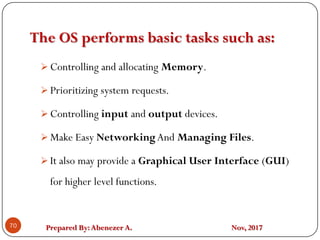 Prepared By:Abenezer A. Nov, 2017
The OS performs basic tasks such as:
70
 Controlling and allocating Memory.
 Prioritizing system requests.
 Controlling input and output devices.
 Make Easy NetworkingAnd Managing Files.
 It also may provide a Graphical User Interface (GUI)
for higher level functions.
 