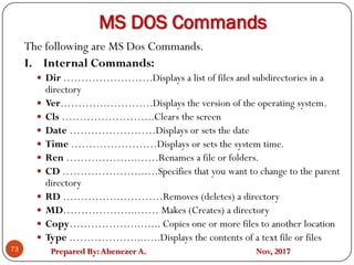 Prepared By:Abenezer A. Nov, 2017
MS DOS Commands
73
The following are MS Dos Commands.
I. Internal Commands:
 Dir …………………….Displays a list of files and subdirectories in a
directory
 Ver………….………….Displays the version of the operating system.
 Cls ……………………..Clears the screen
 Date ……………………Displays or sets the date
 Time ……………………Displays or sets the system time.
 Ren ………………..……Renames a file or folders.
 CD …………………..….Specifies that you want to change to the parent
directory
 RD …………….…………Removes (deletes) a directory
 MD………………...…… Makes (Creates) a directory
 Copy………………..…... Copies one or more files to another location
 Type ………………...…..Displays the contents of a text file or files
 