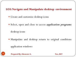 Prepared By:Abenezer A. Nov, 2017
LO3: Navigate and Manipulate desktop environment
79
 Create and customize desktop icons
 Select, open and close to access application programs
desktop icons
 Manipulate and desktop return to original conditions
application windows
 