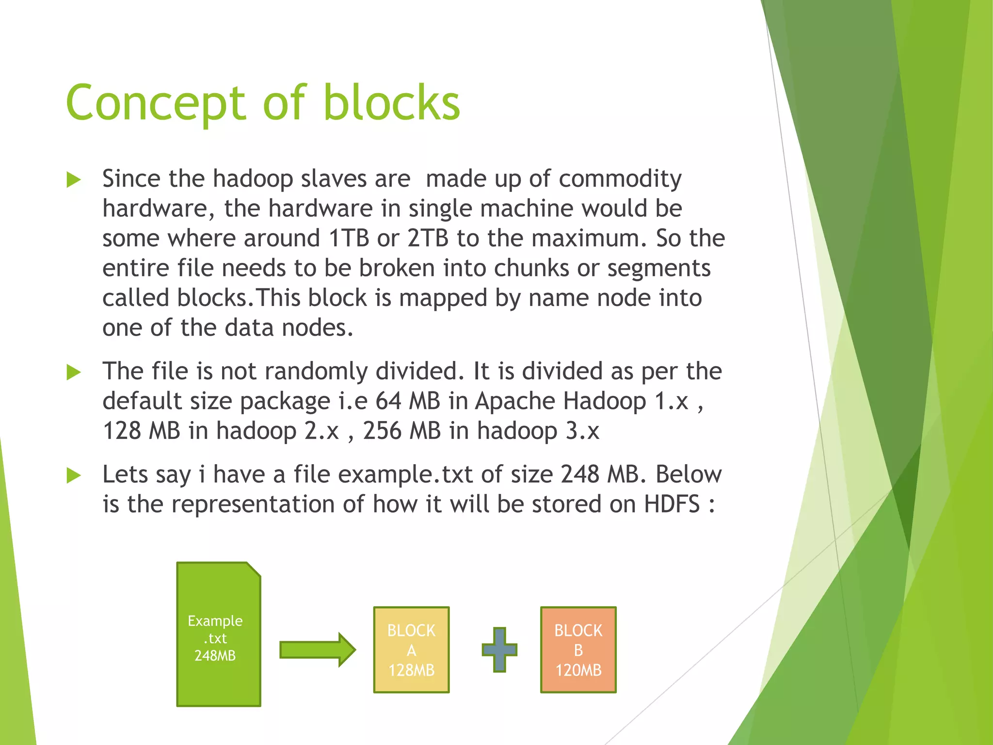 Concept of blocks
 Since the hadoop slaves are made up of commodity
hardware, the hardware in single machine would be
some where around 1TB or 2TB to the maximum. So the
entire file needs to be broken into chunks or segments
called blocks.This block is mapped by name node into
one of the data nodes.
 The file is not randomly divided. It is divided as per the
default size package i.e 64 MB in Apache Hadoop 1.x ,
128 MB in hadoop 2.x , 256 MB in hadoop 3.x
 Lets say i have a file example.txt of size 248 MB. Below
is the representation of how it will be stored on HDFS :
Example
.txt
248MB
BLOCK
A
128MB
BLOCK
B
120MB
 