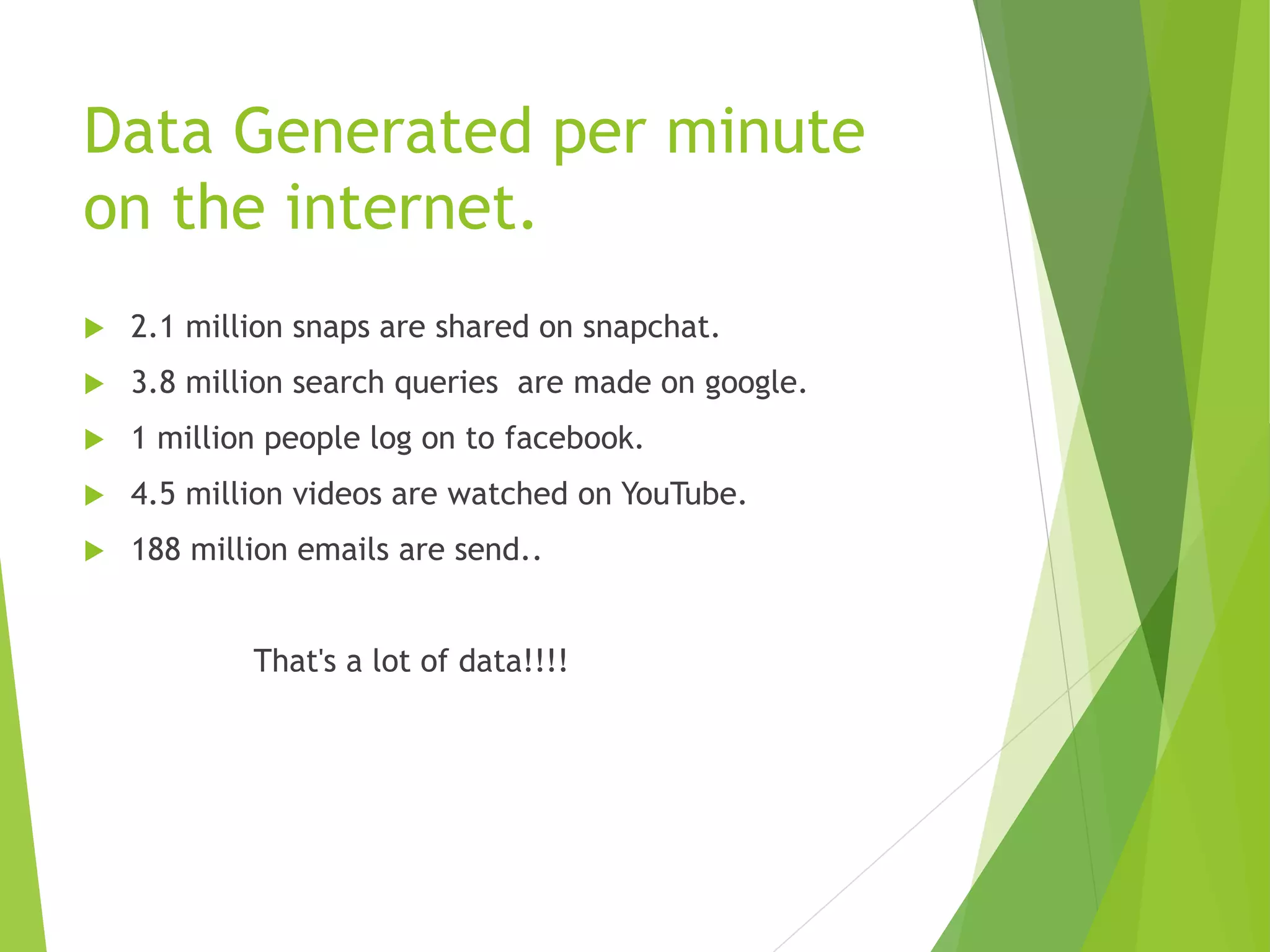 Data Generated per minute
on the internet.
 2.1 million snaps are shared on snapchat.
 3.8 million search queries are made on google.
 1 million people log on to facebook.
 4.5 million videos are watched on YouTube.
 188 million emails are send..
That's a lot of data!!!!
 