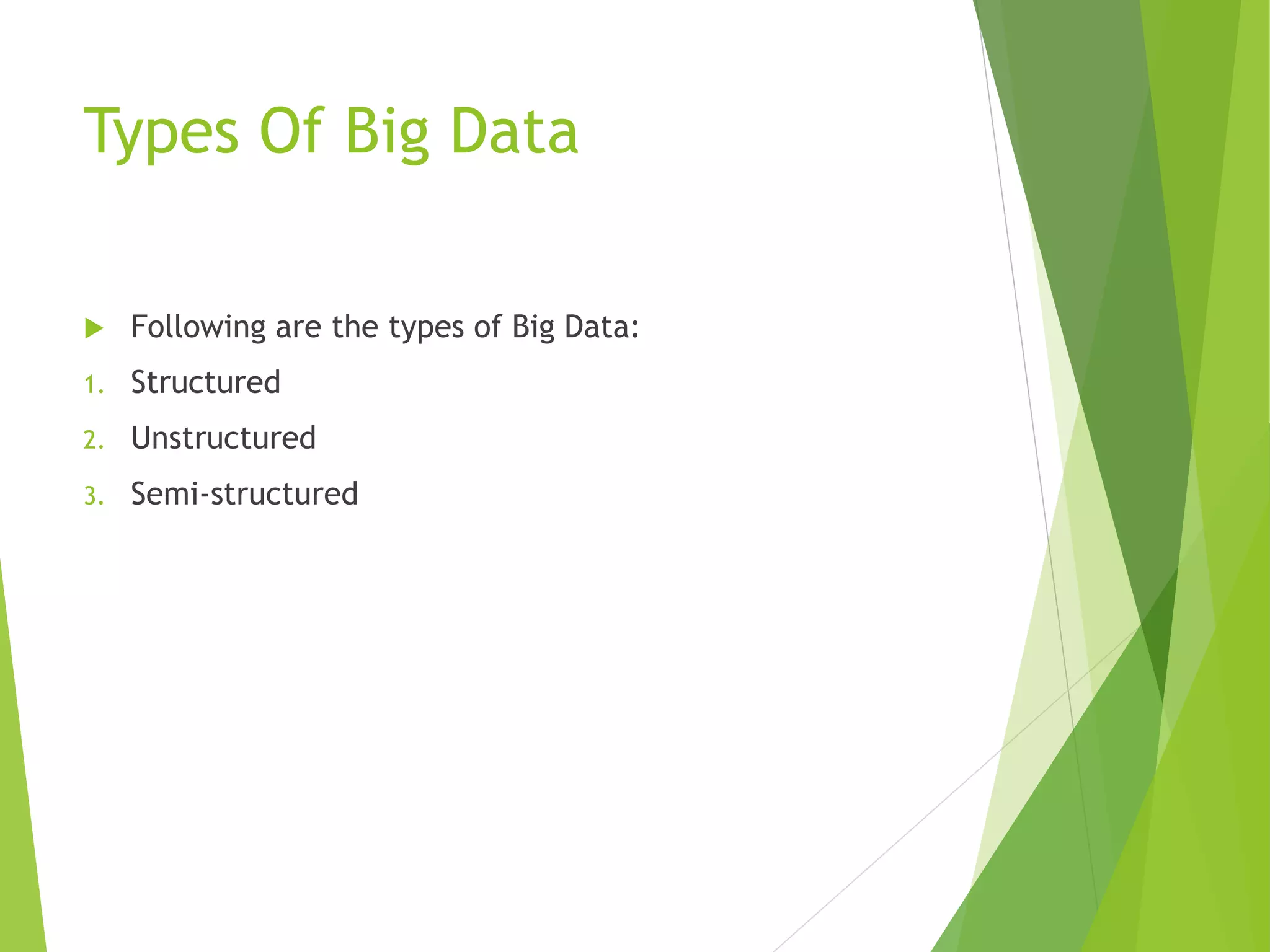 Types Of Big Data
 Following are the types of Big Data:
1. Structured
2. Unstructured
3. Semi-structured
 