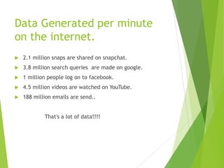 Data Generated per minute
on the internet.
 2.1 million snaps are shared on snapchat.
 3.8 million search queries are made on google.
 1 million people log on to facebook.
 4.5 million videos are watched on YouTube.
 188 million emails are send..
That's a lot of data!!!!
 