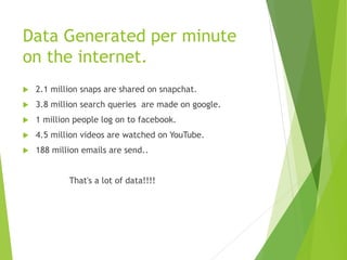 Data Generated per minute
on the internet.
 2.1 million snaps are shared on snapchat.
 3.8 million search queries are ma...