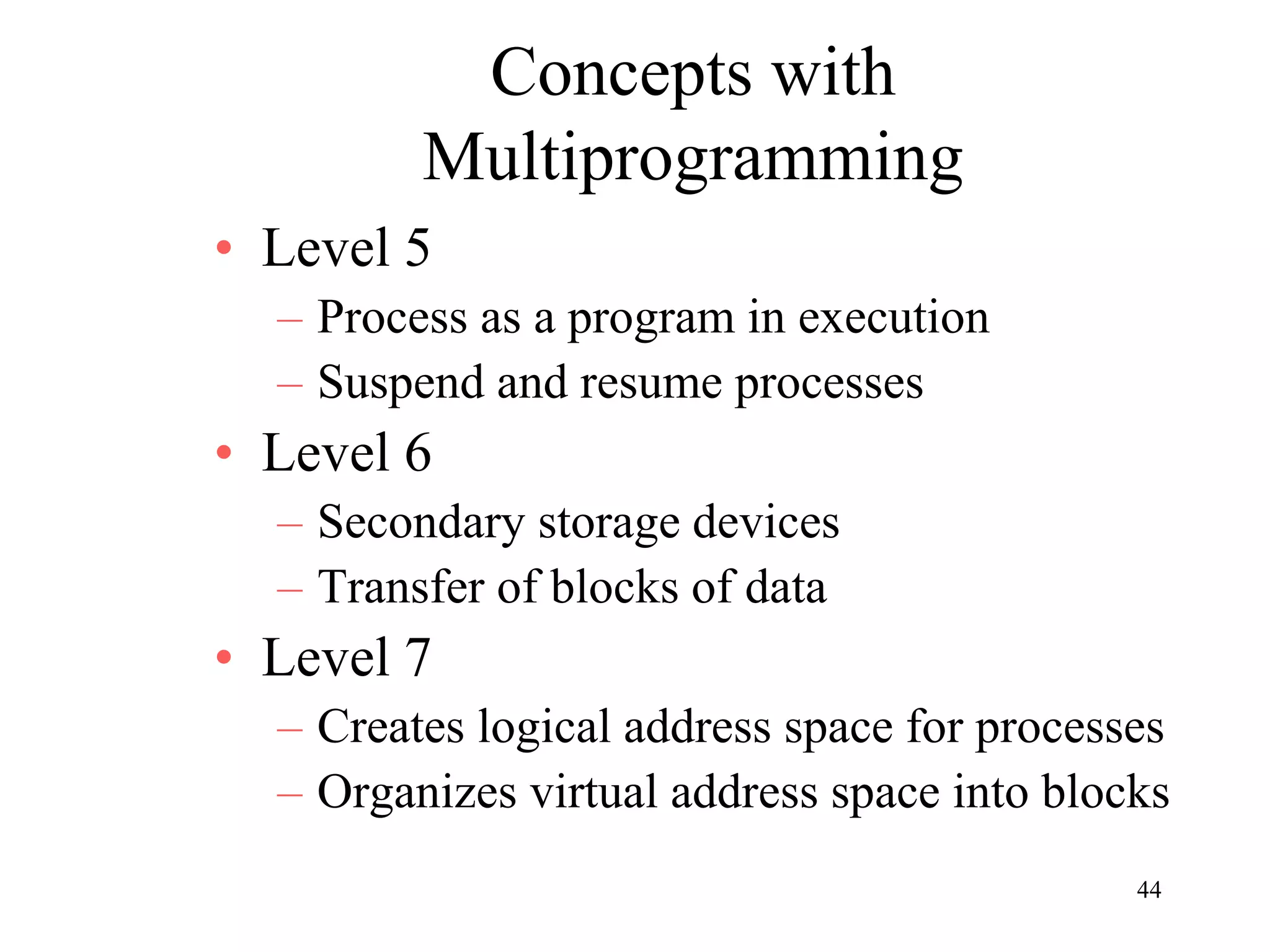 44
Concepts with
Multiprogramming
• Level 5
– Process as a program in execution
– Suspend and resume processes
• Level 6
– Secondary storage devices
– Transfer of blocks of data
• Level 7
– Creates logical address space for processes
– Organizes virtual address space into blocks
 