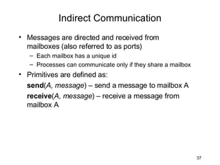 Indirect Communication Messages are directed and received from mailboxes (also referred to as ports) Each mailbox has a unique id Processes can communicate only if they share a mailbox Primitives are defined as: send ( A, message ) – send a message to mailbox A receive ( A, message ) – receive a message from mailbox A 