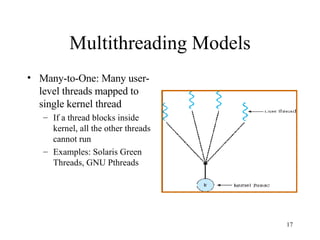 Multithreading Models Many-to-One: Many user-level threads mapped to single kernel thread If a thread blocks inside kernel, all the other threads cannot run Examples: Solaris Green Threads, GNU Pthreads  
