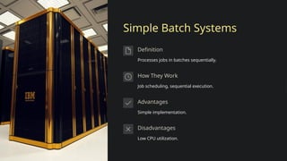 Simple Batch Systems
Definition
Processes jobs in batches sequentially.
How They Work
Job scheduling, sequential execution.
Advantages
Simple implementation.
Disadvantages
Low CPU utilization.
 