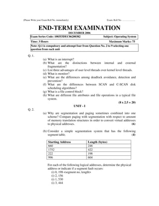 (Please Write your Exam Roll No. immediately)                          Exam. Roll No. ……………..


               END-TERM EXAMINATION
                                  DECEMBER 2006
       Exam Series Code: 100353DEC06200382                          Subject: Operating System
       Time: 3 Hours                                                     Maximum Marks: 75
       Note: Q.1 is compulsory and attempt four from Question No. 2 to 9 selecting one
       question from each unit

    Q. 1.
                   (a) What is an interrupt?
                   (b) What are the distinctions between internal and external
                       fragmentation?
                   (c) List three advantages of user level threads over kernel level threads.
                   (d) What is monitor?
                   (e) What are the differences among deadlock avoidance, detection and
                       prevention?
                   (f) What are the differences between SCAN and C-SCAN disk
                       scheduling algorithms?
                   (g) What is a file control block?
                   (h) What are different file attributes and file operations in a typical file
                       system.
                                                                                 (8 x 2.5 = 20)
                                             UNIT - I
    Q. 2.
                   (a) Why are segmentation and paging sometimes combined into one
                       scheme? Compare paging with segmentation with respect to amount
                       of memory translation structures in order to convert virtual addresses
                       to physical addresses.                                             (6)

                   (b) Consider a simple segmentation system that has the following
                       segment table.                                           (4)

                        Starting Address                Length (bytes)
                        660                             248
                        1752                            422
                        222                             198
                        996                             604

                        For each of the following logical addresses, determine the physical
                        address or indicate if a segment fault occurs:
                           (i) 0, 198 <segment no, length>
                           (i) 2, 156
                           (i) 1, 530
                           (i) 3, 444
 