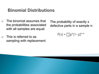 o The binomial assumes that 
the probabilities associated 
with all samples are equal. 
o This is referred to as 
sampling with replacement. 
The probability of exactly x 
defective parts in a sample n: 
 