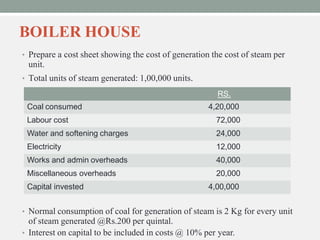 BOILER HOUSE
• Prepare a cost sheet showing the cost of generation the cost of steam per
unit.
• Total units of steam generated: 1,00,000 units.
RS.
Coal consumed 4,20,000
Labour cost 72,000
Water and softening charges 24,000
Electricity 12,000
Works and admin overheads 40,000
Miscellaneous overheads 20,000
Capital invested 4,00,000
• Normal consumption of coal for generation of steam is 2 Kg for every unit
of steam generated @Rs.200 per quintal.
• Interest on capital to be included in costs @ 10% per year.
 