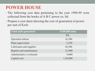 POWER HOUSE
• The following cost data pertaining to the year 1998-99 were
collected from the books of A B C power co. ltd
• Prepare a cost sheet showing the cost of generation of power
per unit of Kwh:
Total units generated 15,00,000 units
RS.
Operation labour 16,500
Plant supervision 5,250
Lubricants and supplies 10,500
Repairs and maintenance 21,000
Adminstrative overheads 9,000
Capital cost 1,50,000
 
