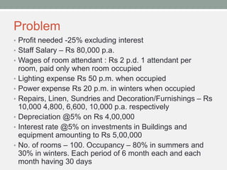 Problem
• Profit needed -25% excluding interest
• Staff Salary – Rs 80,000 p.a.
• Wages of room attendant : Rs 2 p.d. 1 attendant per
room, paid only when room occupied
• Lighting expense Rs 50 p.m. when occupied
• Power expense Rs 20 p.m. in winters when occupied
• Repairs, Linen, Sundries and Decoration/Furnishings – Rs
10,000 4,800, 6,600, 10,000 p.a. respectively
• Depreciation @5% on Rs 4,00,000
• Interest rate @5% on investments in Buildings and
equipment amounting to Rs 5,00,000
• No. of rooms – 100. Occupancy – 80% in summers and
30% in winters. Each period of 6 month each and each
month having 30 days
 