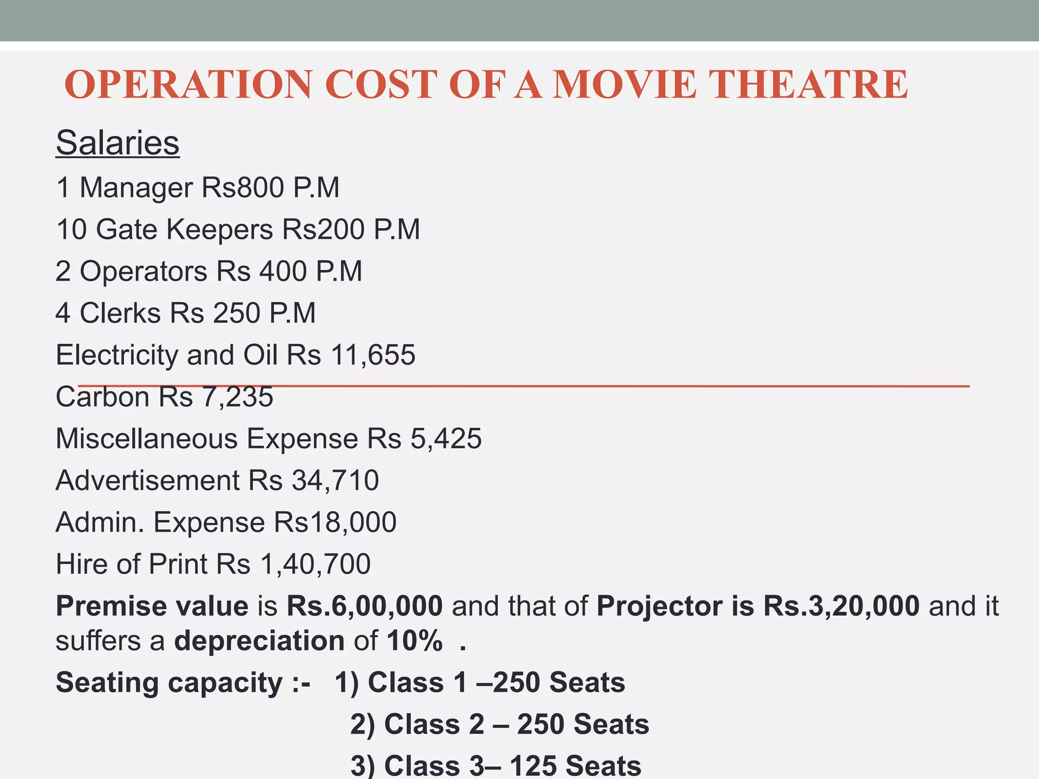 OPERATION COST OF A MOVIE THEATRE 
Salaries 
1 Manager Rs800 P.M 
10 Gate Keepers Rs200 P.M 
2 Operators Rs 400 P.M 
4 Clerks Rs 250 P.M 
Electricity and Oil Rs 11,655 
Carbon Rs 7,235 
Miscellaneous Expense Rs 5,425 
Advertisement Rs 34,710 
Admin. Expense Rs18,000 
Hire of Print Rs 1,40,700 
Premise value is Rs.6,00,000 and that of Projector is Rs.3,20,000 and it 
suffers a depreciation of 10% . 
Seating capacity :- 1) Class 1 –250 Seats 
2) Class 2 – 250 Seats 
3) Class 3– 125 Seats 
 