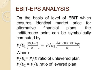 EBIT-EPS ANALYSIS
On the basis of level of EBIT which
ensures identical market price for
alternative financial plans, the
...