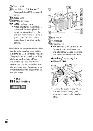 GB
10
G Control dial
H Multi/Micro USB Terminal*
• Supports Micro USB compatible
device.
I Charge lamp
J HDMI micro jack
K m (Microphone) jack
• When an external microphone is
connected, the microphone is
turned on automatically. If the
external microphone is a plug-in-
power type, the power of the
microphone is supplied by the
camera.
* For details on compatible accessories
for the multi interface shoe and the
Multi/Micro USB Terminal, visit the
Sony web site, or consult your Sony
dealer or local authorized Sony
service facility. You can also use
accessories that are compatible with
the accessory shoe. Operations with
other manufacturers’ accessories are
not guaranteed.
L Eye sensor
M Viewfinder
N Eyepiece cup
• Not attached to the camera at the
factory. It is recommended that
you attach the eyepiece cup when
you intend to use the viewfinder.
Attaching/removing the
eyepiece cup
• Remove the eyepiece cup when
you attach an accessory (sold
separately) to the Multi Interface
Shoe.
 