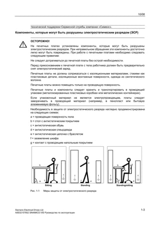 10/08
Siemens Electrical Drives Ltd. 1-3
A5E02157852 SINAMICS V50 Руководство по эксплуатации
технической поддержки Сервисной службы компании «Сименс».
Компоненты, которые могут быть разрушены электростатическим разрядом (ЭСР)
ОСТОРОЖНО!
На печатных платах установлены компоненты, которые могут быть разрушены
электростатическим разрядом. При неправильном обращении эти компоненты достаточно
легко могут быть повреждены. При работе с печатными платами необходимо следовать
следующим правилам:
Не следует дотрагиваться до печатной платы без острой необходимости.
Перед прикосновением к печатной плате с тела работника должен быть предварительно
снят электростатический заряд.
Печатные платы не должны соприкасаться с изоляционными материалами, (такими как
пластиковые детали, изоляционные монтажные поверхности, одежда из синтетического
волокна.
Печатные платы можно помещать только на проводящую поверхность.
Печатные платы и компоненты следует хранить и транспортировать в проводящей
упаковке (металлизированных пластиковых коробках или металлических контейнерах).
Если упаковочный материал не является электропроводящим, платы следует
заворачивать в проводящий материал (например, в пенопласт или бытовую
алюминиевую фольгу).
Необходимость в защите от электростатического разряда наглядно продемонстрирована
на следующих схемах:
a = проводящая поверхность пола
b = стол с антистатическим покрытием
c = антистатическая обувь
d = антистатическая спецодежда
e = антистатическая цепочка с браслетом
f = заземление шкафа
g = контакт с проводящим напольным покрытием
g ga
b
e
d
c
d
ac
db
c a
e
ff f f f
StandingSitting Standing/sitting
Рис. 1-1 Меры защиты от электростатического разряда
 