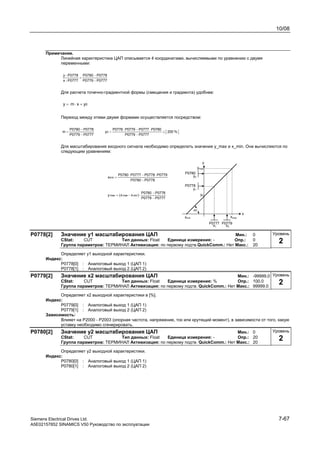 10/08
Siemens Electrical Drives Ltd. 7-67
A5E02157852 SINAMICS V50 Руководство по эксплуатации
Примечание.
Линейная характеристика ЦАП описывается 4 координатами, вычисляемыми по уравнению с двумя
переменными:
0777P0779P
0778P0780P
P0777-x
P0778-y
−
−
=
Для расчета точечно-градиентной формы (смещения и градиента) удобнее:
0yxmy +⋅=
Переход между этими двумя формами осуществляется посредством:
0777P0779P
0778P0780P
m
−
−
= %200
0777P0779P
0780P0777P0779P0778P
y0 ≤
−
⋅−⋅
=
Для масштабирования входного сигнала необходимо определить значения y_max и x_min. Они вычисляются по
следующим уравнениям:
0778P0780P
0779P0778P0777P0780P
x inm
−
⋅−⋅
=
0777P0779P
0778P0780P
)xx(y minmaxmax
−
−
⋅−=
x
y0
xmin xmax
ymax
y
m
y1
y2
P0780
P0778
P0777
x1
P0779
x2
P0778[2] Значение y1 масштабирования ЦАП Мин.: 0
CStat: CUT Тип данных: Float Единица измерения: - Опр.: 0
Группа параметров: ТЕРМИНАЛ Активизация: по первому подтв.QuickComm.: Нет Макс.: 20
Определяет y1 выходной характеристики.
Индекс:
P0778[0] : Аналоговый выход 1 (ЦАП 1)
P0778[1] : Аналоговый выход 2 (ЦАП 2)
P0779[2] Значение x2 масштабирования ЦАП Мин.: -99999,0
CStat: CUT Тип данных: Float Единица измерения: % Опр.: 100.0
Группа параметров: ТЕРМИНАЛ Активизация: по первому подтв. QuickComm.: Нет Макс.: 99999.0
Определяет x2 выходной характеристики в [%].
Индекс:
P0779[0] : Аналоговый выход 1 (ЦАП 1)
P0779[1] : Аналоговый выход 2 (ЦАП 2)
Зависимость:
Влияет на P2000 - P2003 (опорная частота, напряжение, ток или крутящий момент), в зависимости от того, какую
уставку необходимо сгенерировать.
P0780[2] Значение y2 масштабирования ЦАП Мин.: 0
CStat: CUT Тип данных: Float Единица измерения: - Опр.: 20
Группа параметров: ТЕРМИНАЛ Активизация: по первому подтв. QuickComm.: Нет Макс.: 20
Определяет y2 выходной характеристики.
Индекс:
P0780[0] : Аналоговый выход 1 (ЦАП 1)
P0780[1] : Аналоговый выход 2 (ЦАП 2)
Уровень
2
Уровень
2
Уровень
2
 