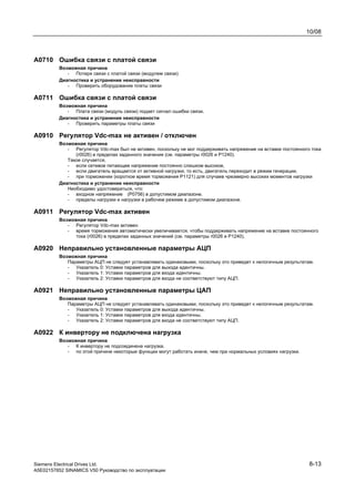 10/08
Siemens Electrical Drives Ltd. 8-13
A5E02157852 SINAMICS V50 Руководство по эксплуатации
A0710 Ошибка связи с платой связи
Возможная причина
- Потеря связи с платой связи (модулем связи)
Диагностика и устранение неисправности
- Проверить оборудование платы связи
A0711 Ошибка связи с платой связи
Возможная причина
- Плата связи (модуль связи) подает сигнал ошибки связи.
Диагностика и устранение неисправности
- Проверить параметры платы связи
A0910 Регулятор Vdc-max не активен / отключен
Возможная причина
- Регулятор Vdc-max был не активен, поскольку не мог поддерживать напряжение на вставке постоянного тока
(r0026) в пределах заданного значения (см. параметры r0026 и Р1240).
Такое случается,
- если сетевое питающее напряжение постоянно слишком высокое,
- если двигатель вращается от активной нагрузки, то есть, двигатель переходит в режим генерации.
- при торможении (короткое время торможения P1121) для случаев чрезмерно высоких моментов нагрузки
Диагностика и устранение неисправности
Необходимо удостовериться, что:
- входное напряжение (P0756) в допустимом диапазоне.
- пределы нагрузки и нагрузки в рабочем режиме в допустимом диапазоне.
A0911 Регулятор Vdc-max активен
Возможная причина
- Регулятор Vdc-max активен
- время торможения автоматически увеличивается, чтобы поддерживать напряжение на вставке постоянного
тока (r0026) в пределах заданных значений (см. параметры r0026 и Р1240).
A0920 Неправильно установленные параметры АЦП
Возможная причина
Параметры АЦП не следует устанавливать одинаковыми, поскольку это приведет к нелогичным результатам.
- Указатель 0: Уставки параметров для выхода идентичны.
- Указатель 1: Уставки параметров для входа идентичны.
- Указатель 2: Уставки параметров для входа не соответствуют типу АЦП.
A0921 Неправильно установленные параметры ЦАП
Возможная причина
Параметры АЦП не следует устанавливать одинаковыми, поскольку это приведет к нелогичным результатам.
- Указатель 0: Уставки параметров для выхода идентичны.
- Указатель 1: Уставки параметров для входа идентичны.
- Указатель 2: Уставки параметров для входа не соответствуют типу АЦП.
A0922 К инвертору не подключена нагрузка
Возможная причина
- К инвертору не подсоединена нагрузка.
- по этой причине некоторые функции могут работать иначе, чем при нормальных условиях нагрузки.
 