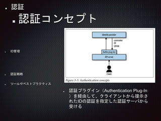 認証プラグイン（Authentication Plug-In
）を経由して、クライアントから提示さ
れたIDの認証を指定した認証サーバから
受ける
ID管理
認証コンセプト
認証戦略
ツールやベストプラクティス
認証
 