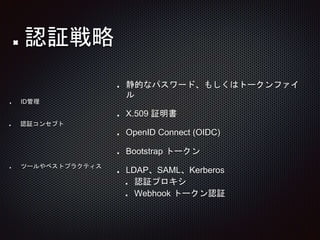 静的なパスワード、もしくはトークンファイ
ル
X.509 証明書
OpenID Connect (OIDC)
Bootstrap トークン
LDAP、SAML、Kerberos
認証プロキシ
Webhook トークン認証
ID管理
認証コンセプト
認証戦略
ツールやベストプラクティス
 