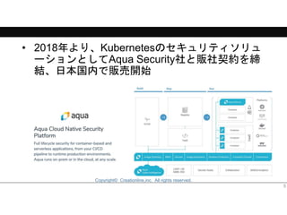 Copyright© Creationline,inc. All rights reserved.
• 2018年より、Kubernetesのセキュリティソリュ
ーションとしてAqua Security社と販社契約を締
結、日本国内で販売開始
5
 