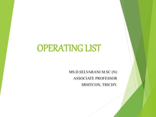 OPERATING LIST
MS.D.SELVARANI M.SC (N)
ASSOCIATE PROFESSOR
SRMTCON, TRICHY.
 