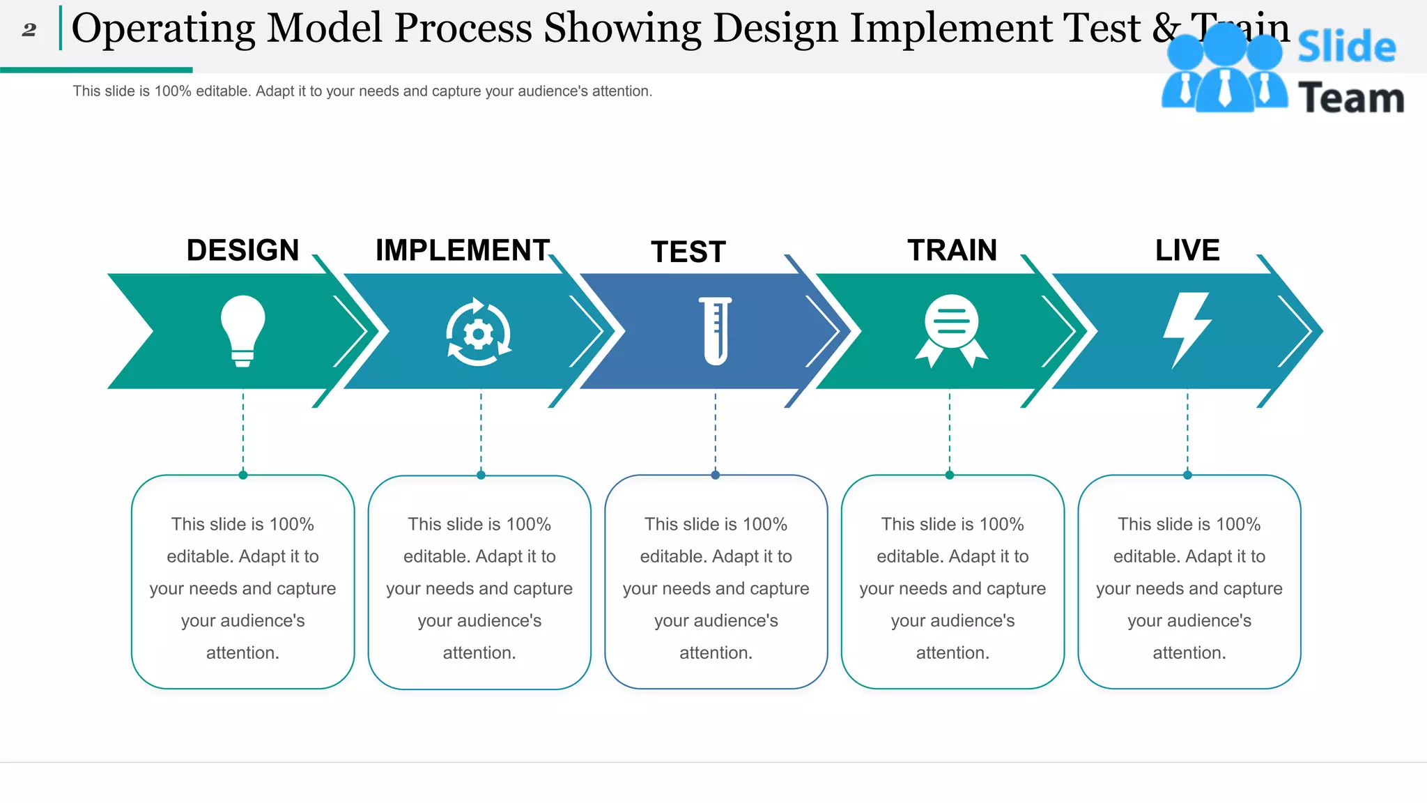 This slide is 100% editable. Adapt it to your needs and capture your audience's attention.
Operating Model Process Showing Design Implement Test & Train
2
This slide is 100%
editable. Adapt it to
your needs and capture
your audience's
attention.
DESIGN
This slide is 100%
editable. Adapt it to
your needs and capture
your audience's
attention.
IMPLEMENT
This slide is 100%
editable. Adapt it to
your needs and capture
your audience's
attention.
LIVE
TEST
This slide is 100%
editable. Adapt it to
your needs and capture
your audience's
attention.
This slide is 100%
editable. Adapt it to
your needs and capture
your audience's
attention.
TRAIN
 